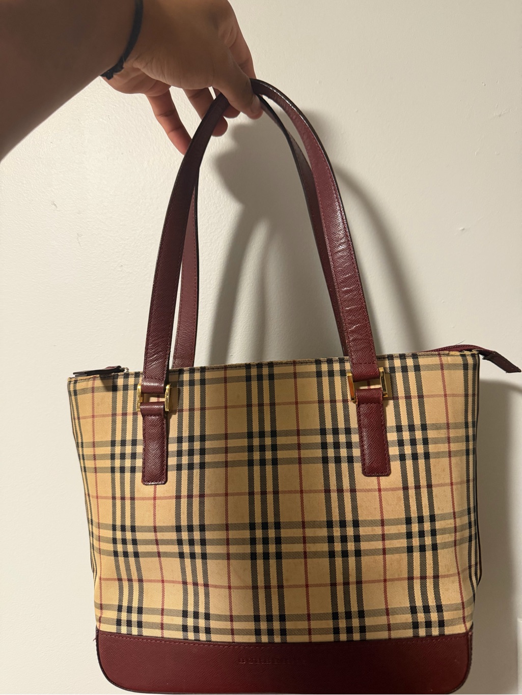 Burberry Nova Check Shoulder Bag Nylon Leather Beige Wine Red